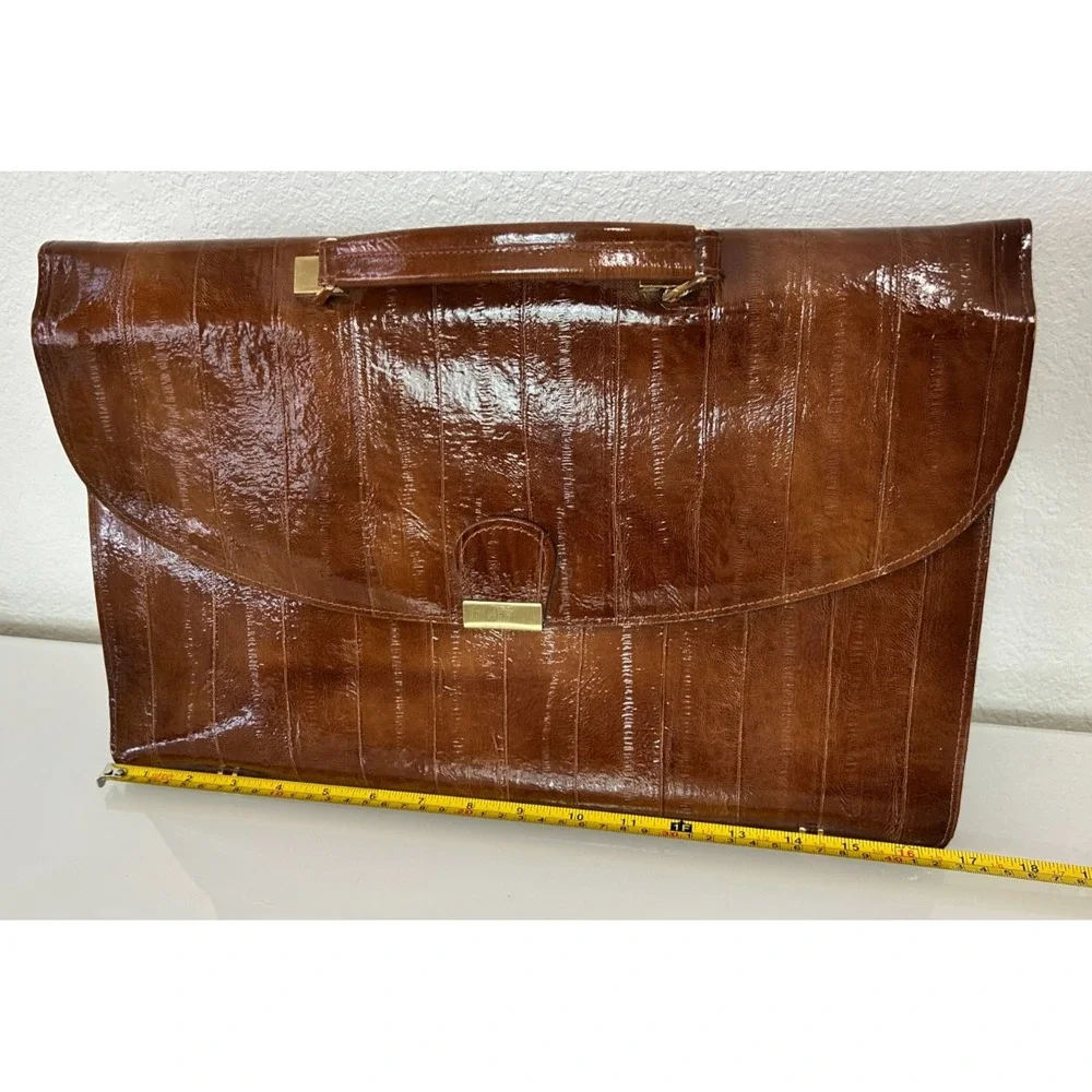 Vintage 80s Genuine Eel Skin Briefcase Brown Attache Bag Amiet Lock Korea VGUC